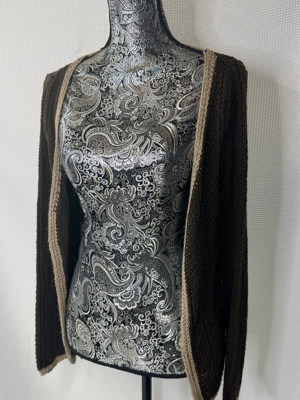 Poe Dark Brown Open-Front Cardigan with Tan Trim